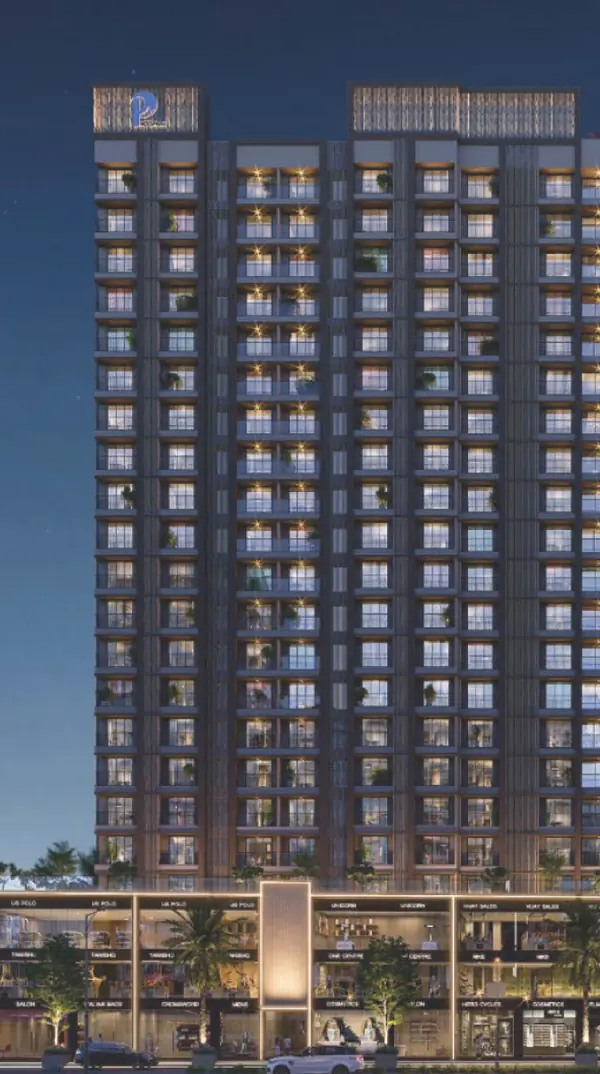 Evara Virar West, left wing elevation at night