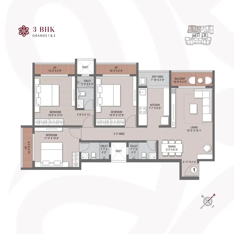 Evara Virar West 3 BHK floor plan