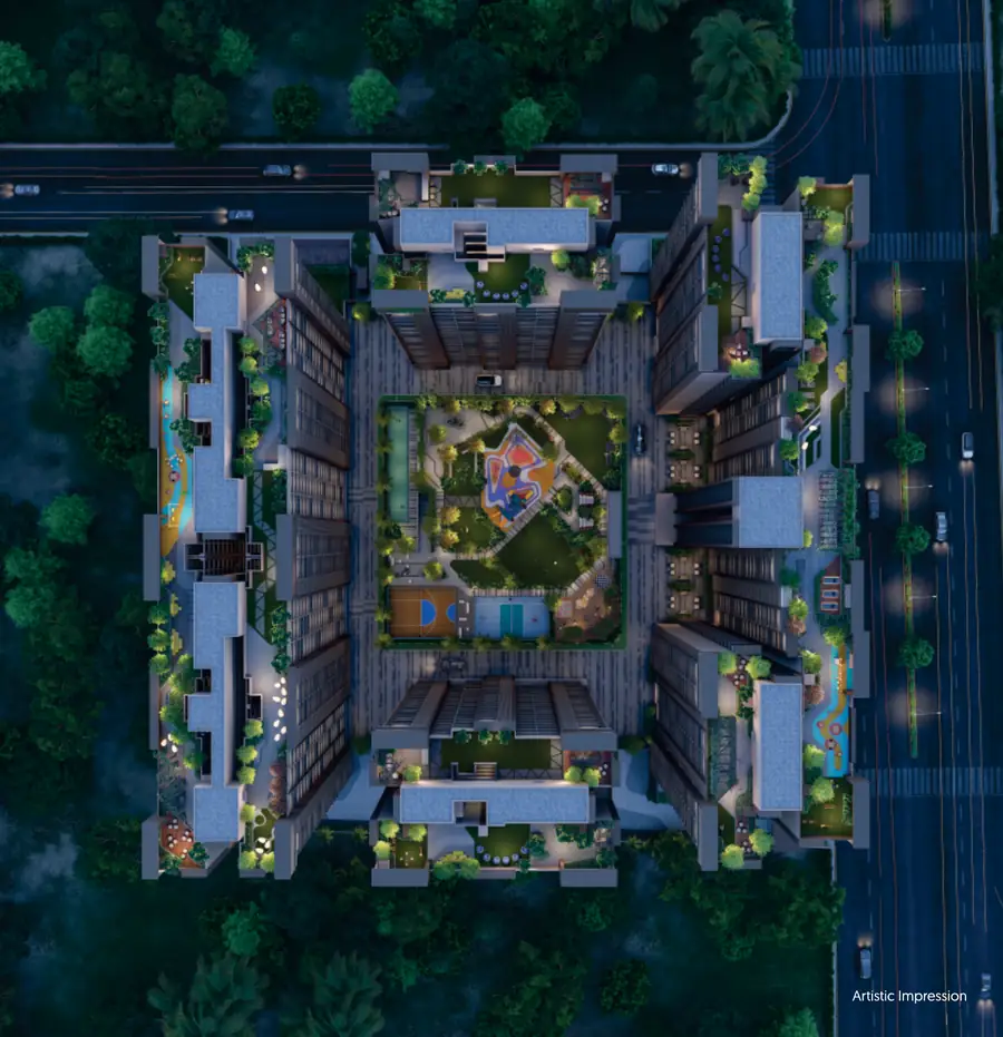 Top view of Evara showing the podium garden, artistic impression